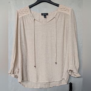 BCX Women's Cream Peasant Blouse with Crochet Yoke Size Large